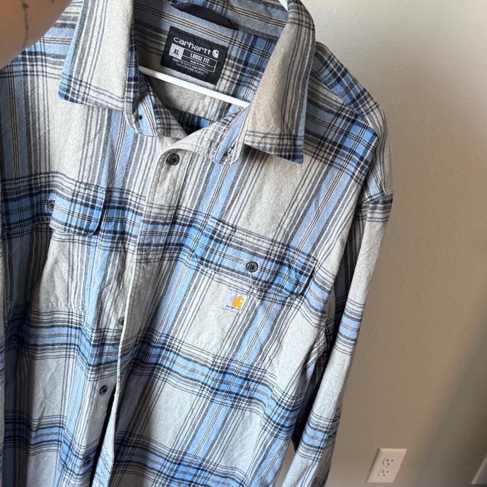 Carhartt Men's Gray and Blue Checkered Shirt